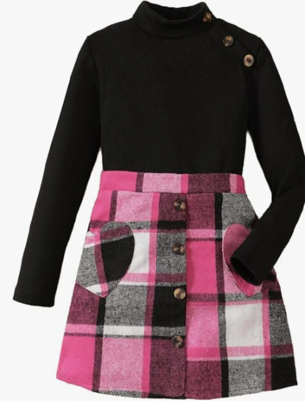 Girls Plaid Skirt Set Size 8Y Black Ribbed Top Pink Plaid Outfit